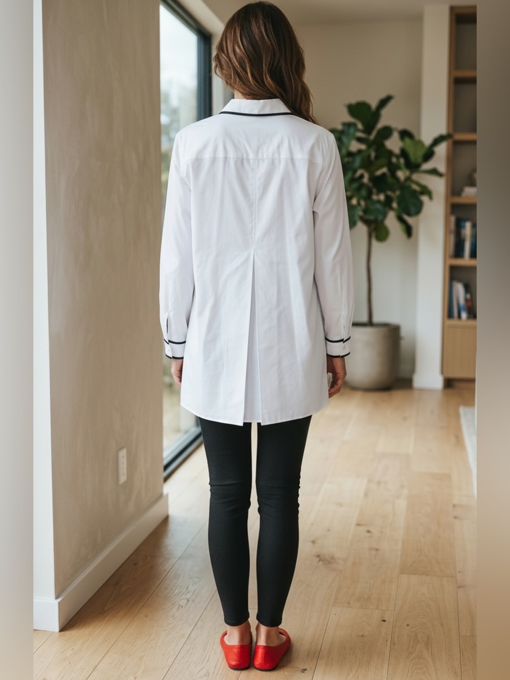 Chico's High-Low White Button-Down Shirt with Black Trim and Rhinestone Buttons. - Picture 2 of 6